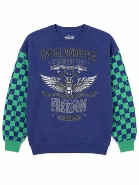 Goody Two Sleeves Women’s L Blue/Green Pullover Crew Neck Motorcycle Graphic